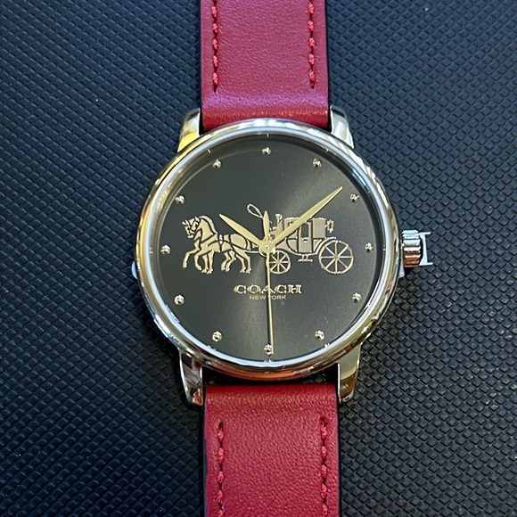Coach Grand Watch With 36mm Black Face With Golden Carriage & Red Leathe… - Picture 1 of 7